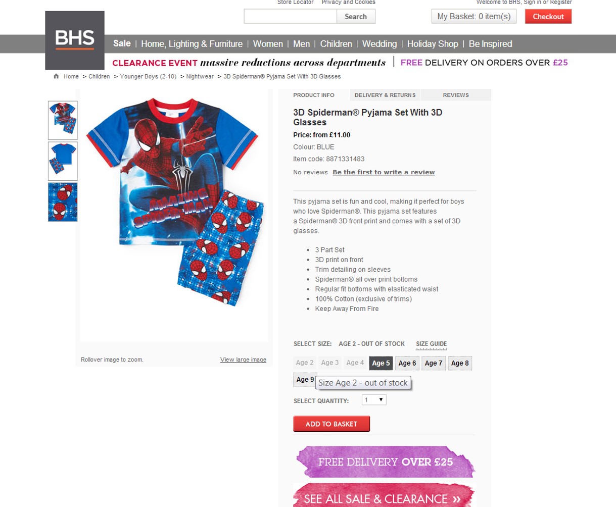 A screenshot of a website selling Spiderman Pyjamas to children from the age of two to eight years with the same art work as the film.  